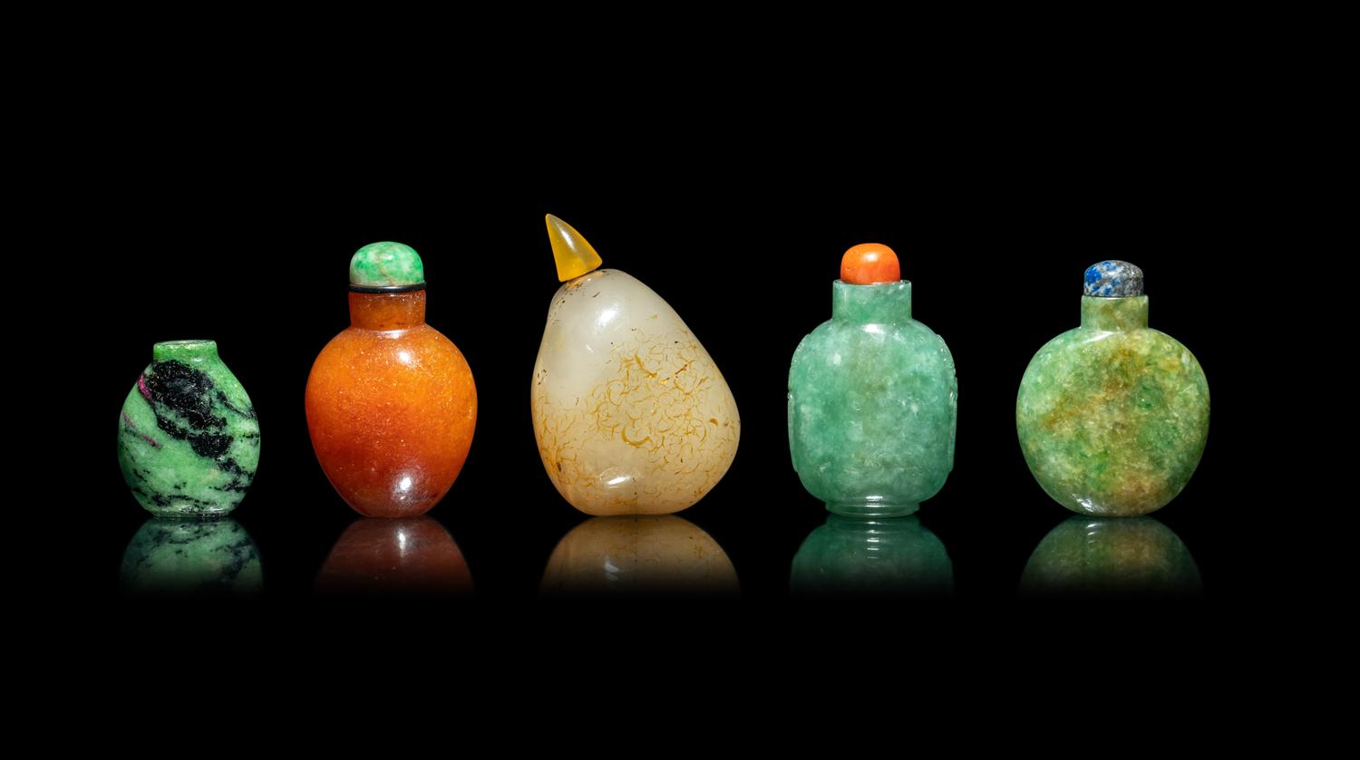 Five Chinese Jadeite and Quartz Snuff Bottles