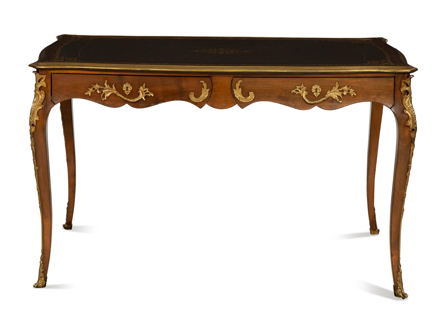 A Louis XV Style Gilt Metal Mounted Walnut Bureau Plat