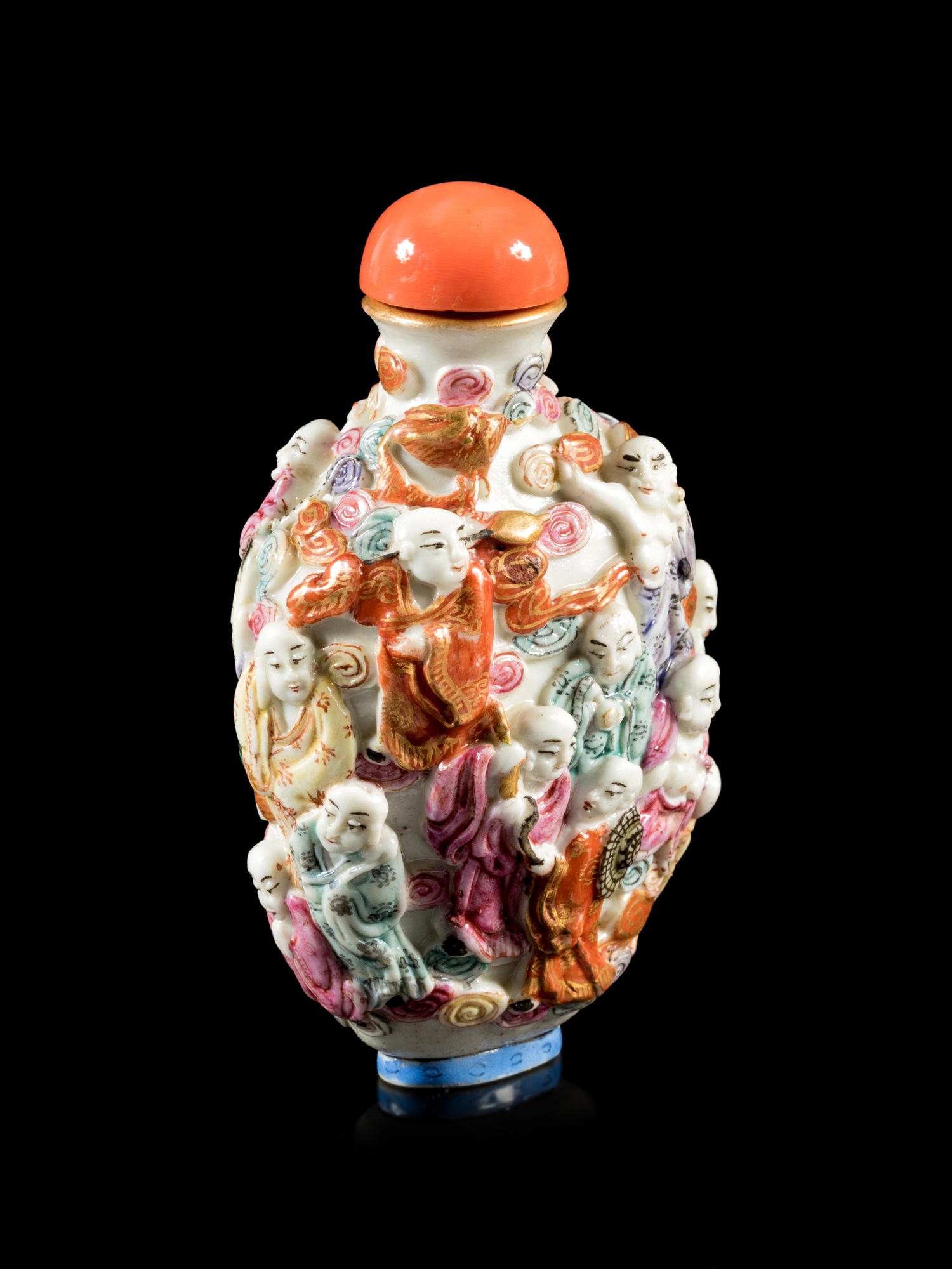 A Famille Rose Molded Porcelain 'Luohan' Snuff Bottle