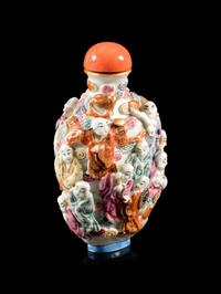 A Famille Rose Molded Porcelain 'Luohan' Snuff Bottle