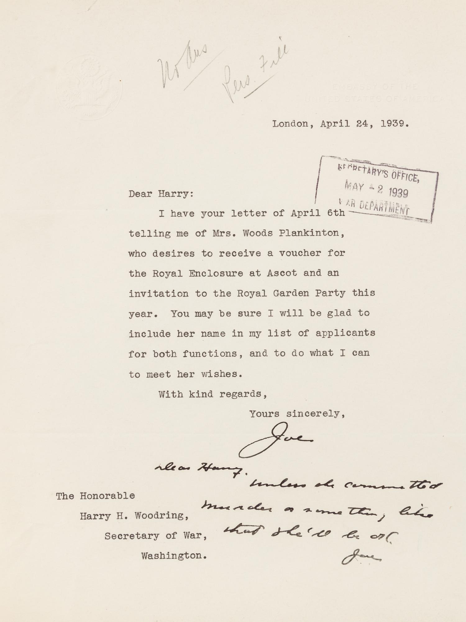 KENNEDY, Joseph P.Typed letter signed ("Joe") with autographed note signed ("Joe"), as Ambassador to Great Britain, Lndn, 24 April 1939