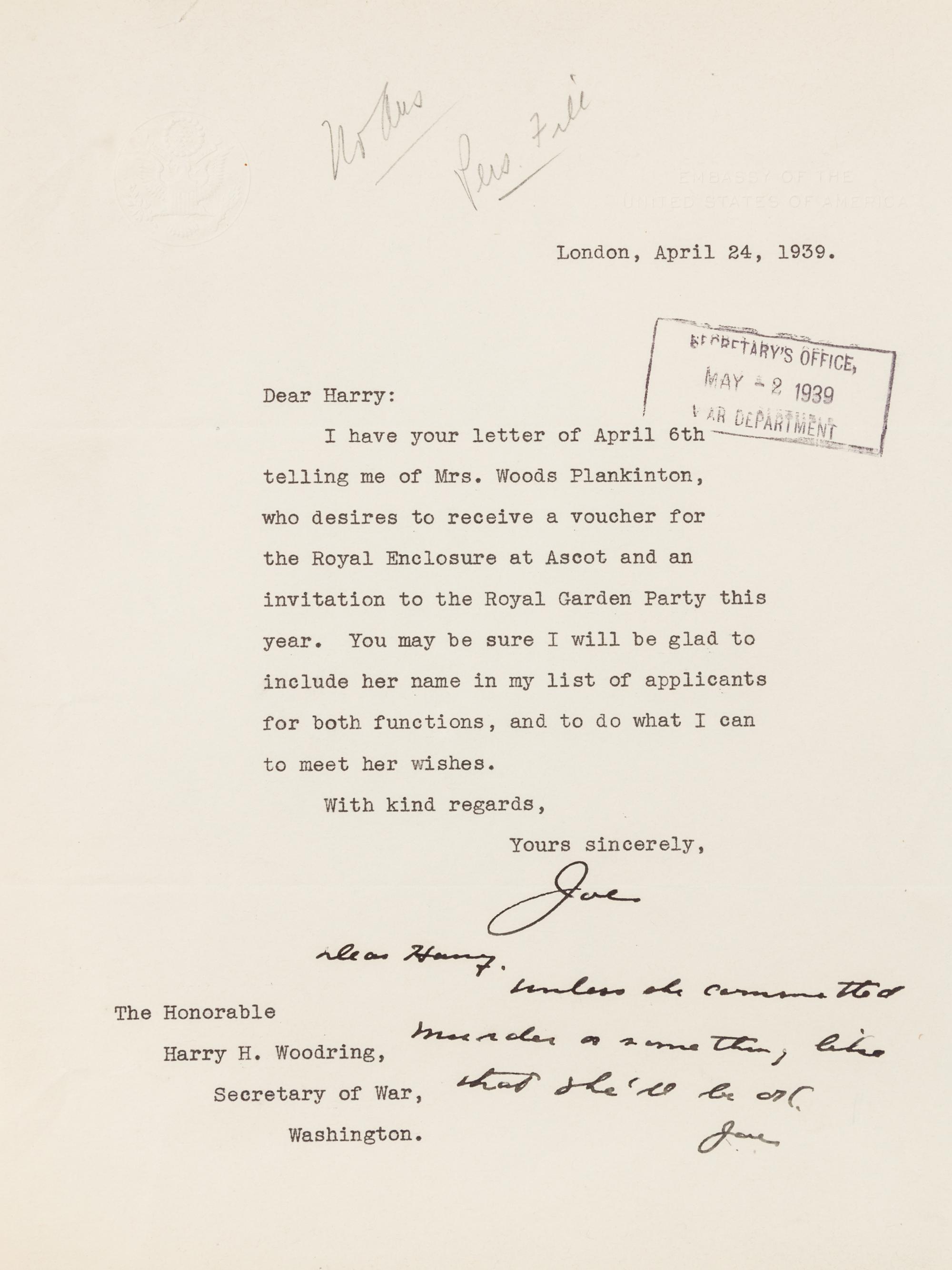 KENNEDY, Joseph P.Typed letter signed ("Joe") with autographed note signed ("Joe"), as Ambassador to Great Britain, Lndn, 24 April 1939