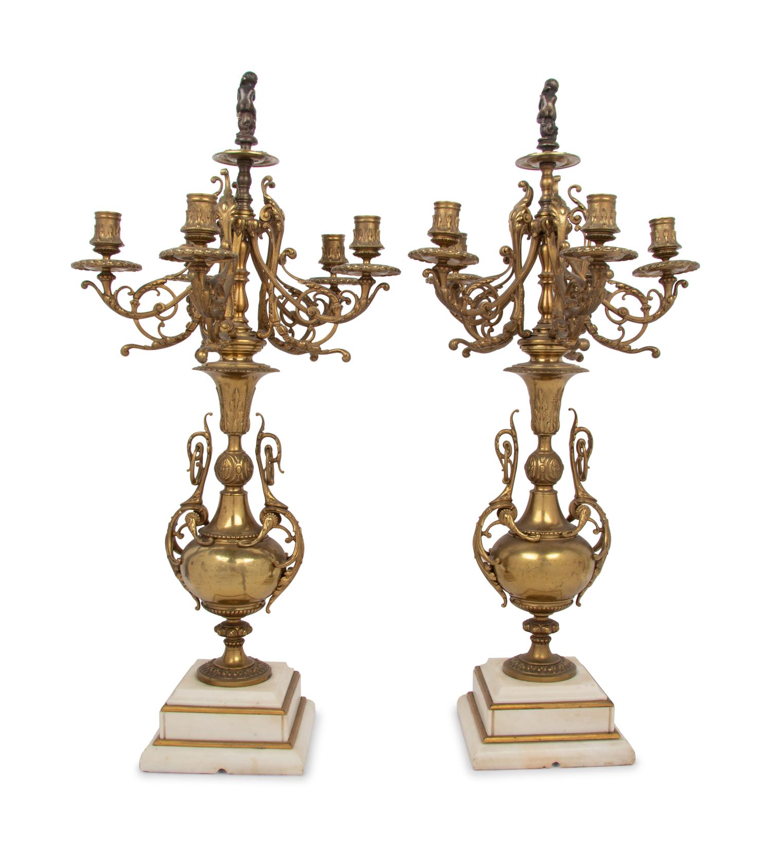 A Pair of Continental Brass Five-Light Candelabra on Marble Bases