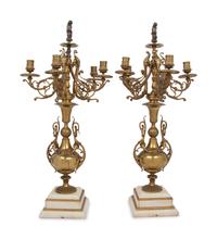 A Pair of Continental Brass Five-Light Candelabra on Marble Bases