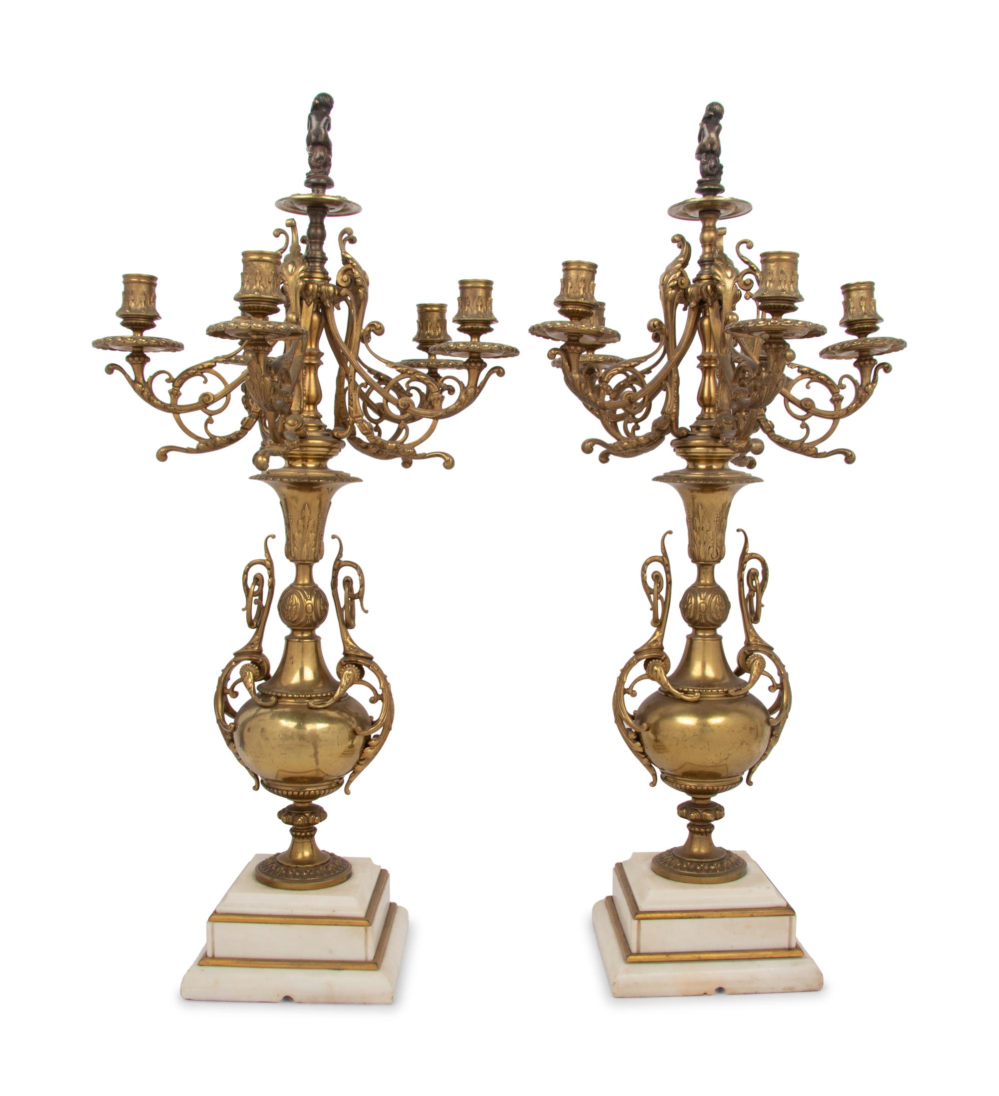 A Pair of Continental Brass Five-Light Candelabra on Marble Bases