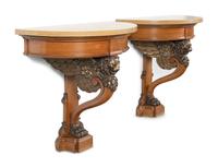 A Pair of North European Neoclassical Style Parcel-Gilt Oak Marble-Top Console Tables