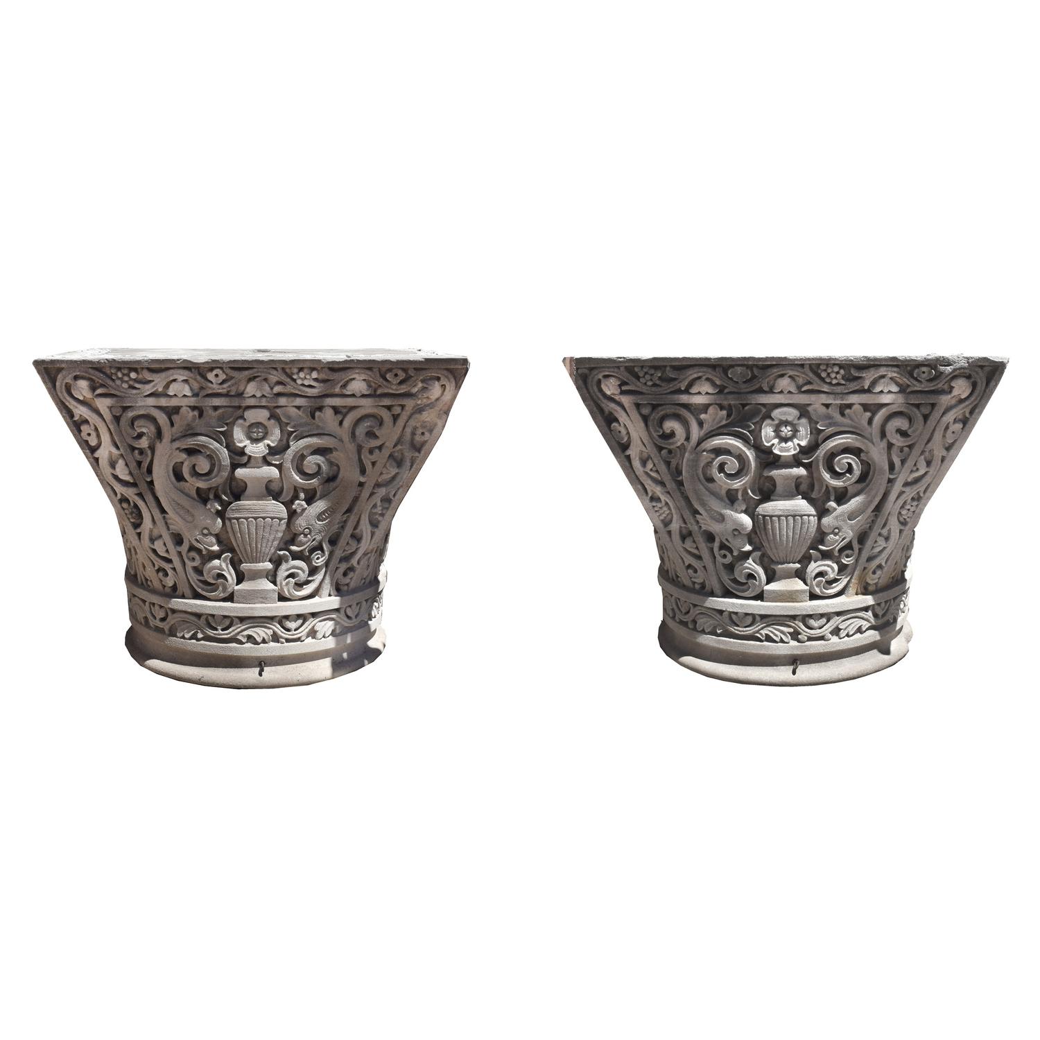 A Pair of American Carved Limestone Capitals 36" W x 25.5" D x 29.5" H — United States, Circa 1920