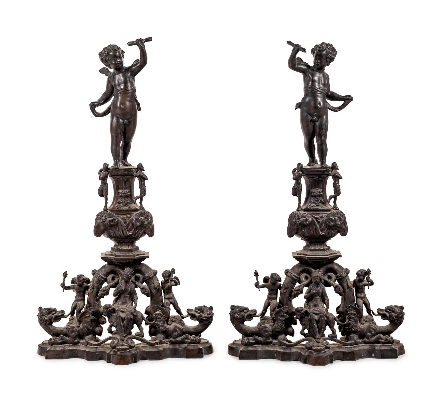 A Pair of Baroque Style Bronze Figural Andirons