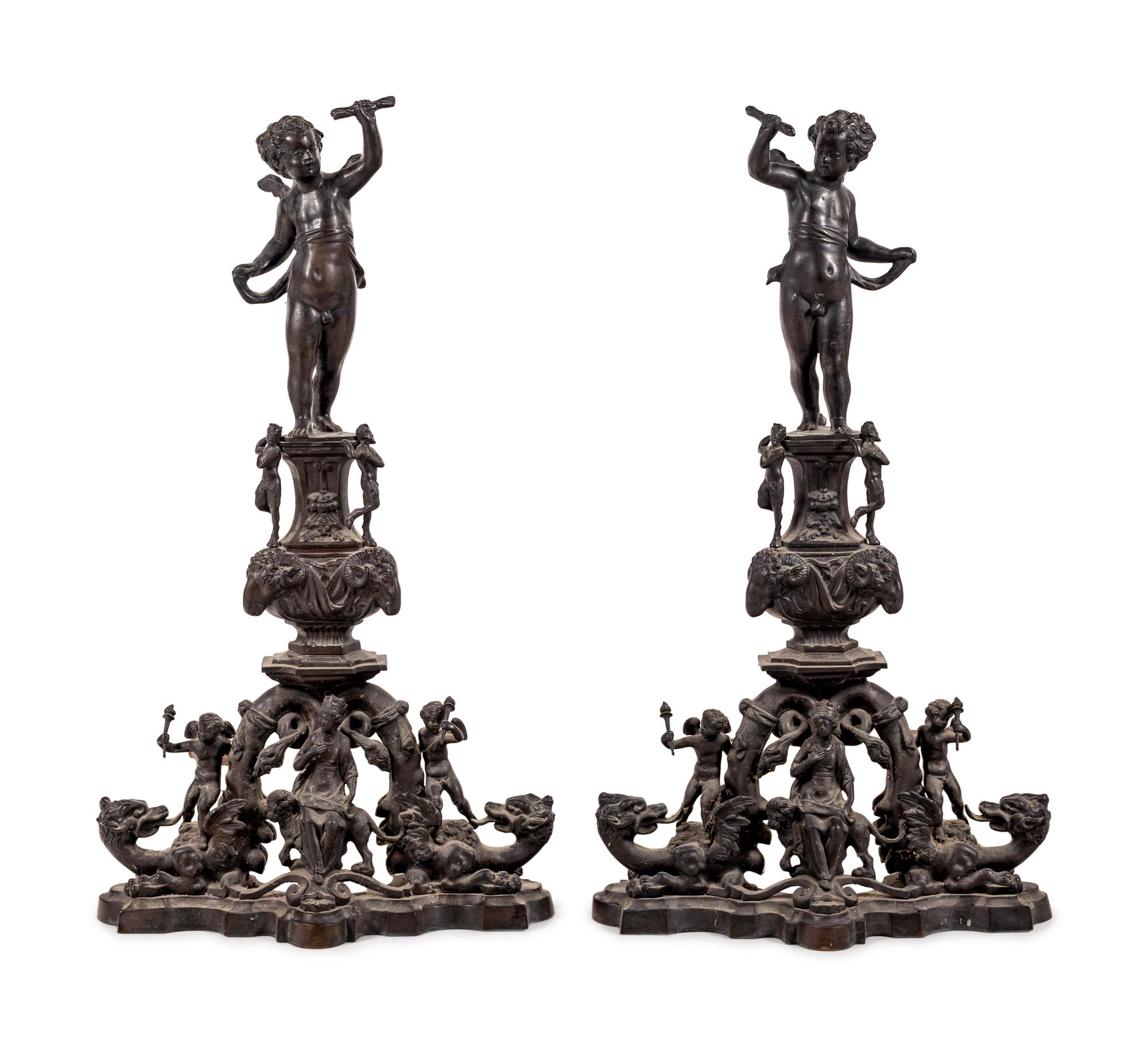 A Pair of Baroque Style Bronze Figural Andirons