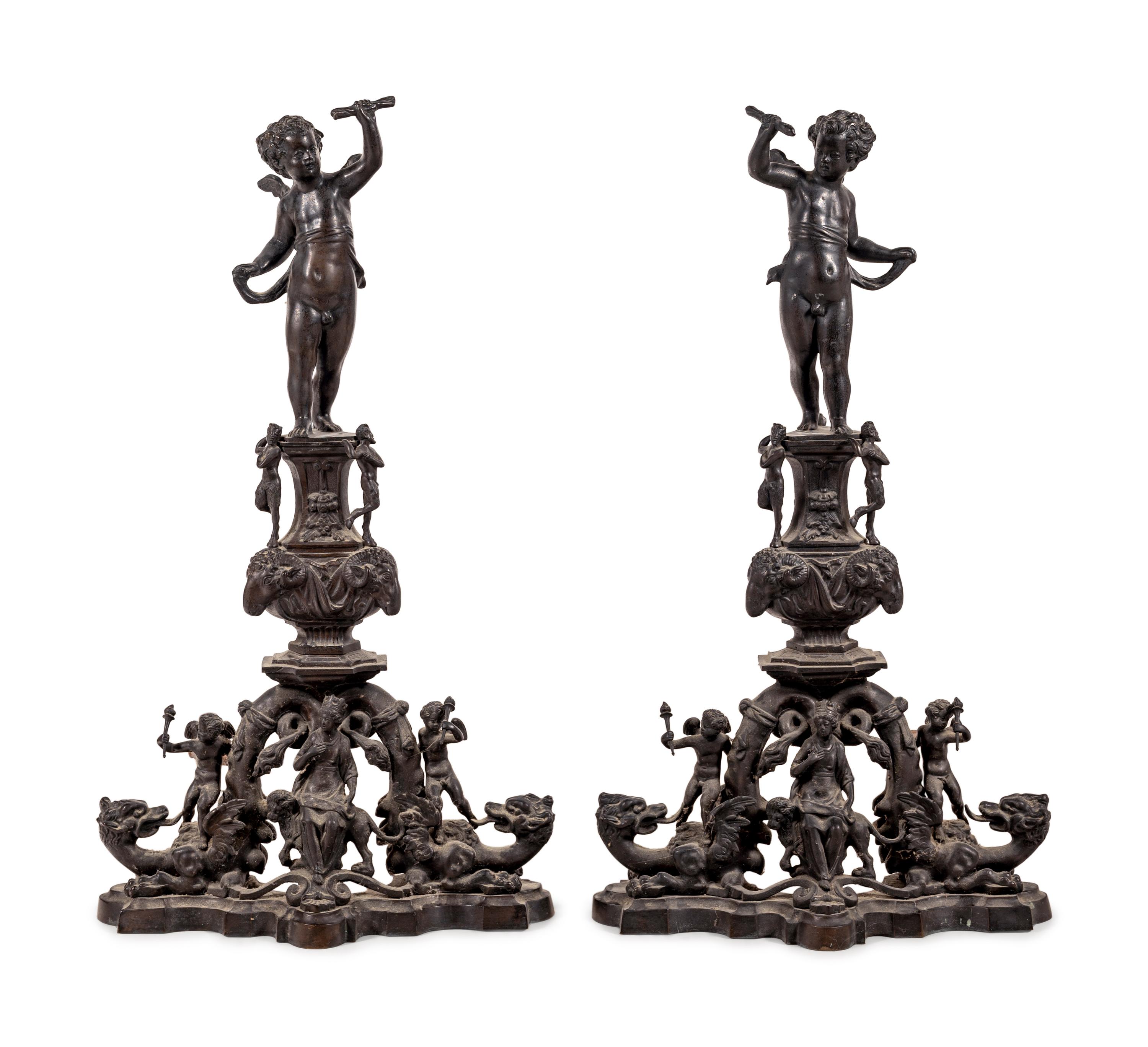 A Pair of Baroque Style Bronze Figural Andirons
