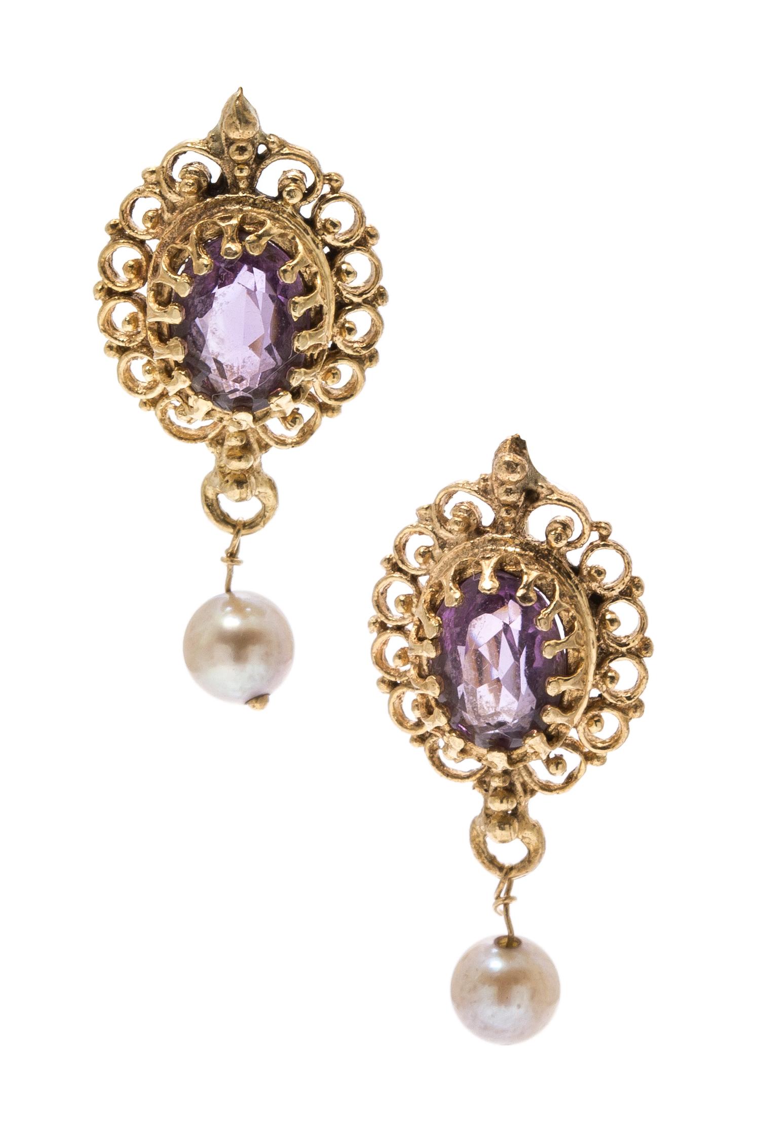 A Pair of 14 Karat Yellow Gold, Amethyst and Cultured Pearl Earrings, 2.60 dwts.