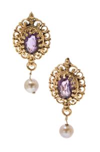 A Pair of 14 Karat Yellow Gold, Amethyst and Cultured Pearl Earrings, 2.60 dwts.