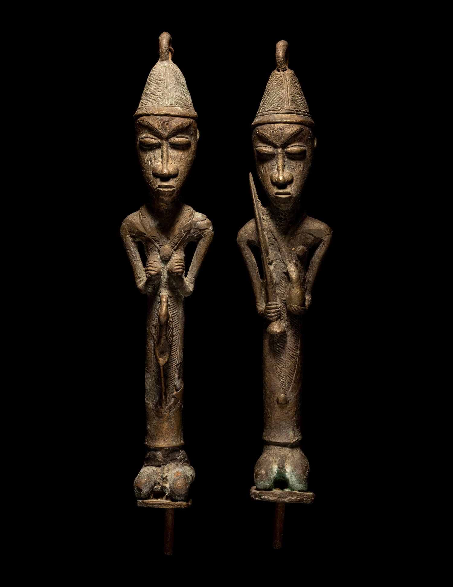 Two Ogboni Brass Male and Female Figures