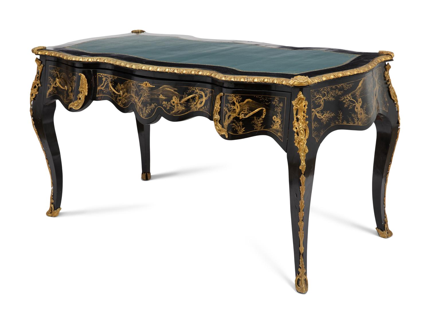 A Louis XV Style Gilt Metal Mounted Black and Gilt-Japanned Bureau Plat