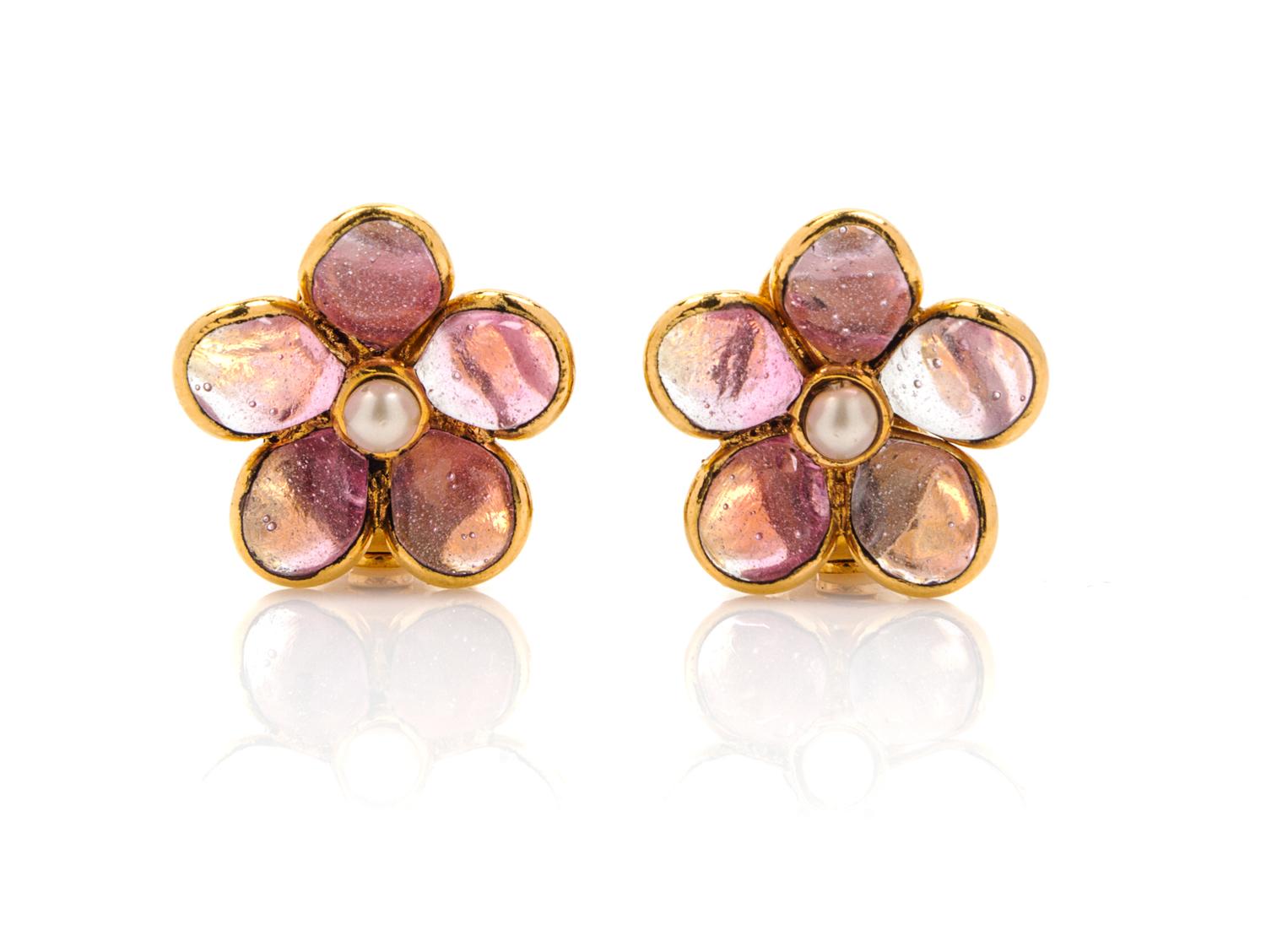 A Pair of Chanel Pink Gripoix and Faux Pearl Flower Earclips,