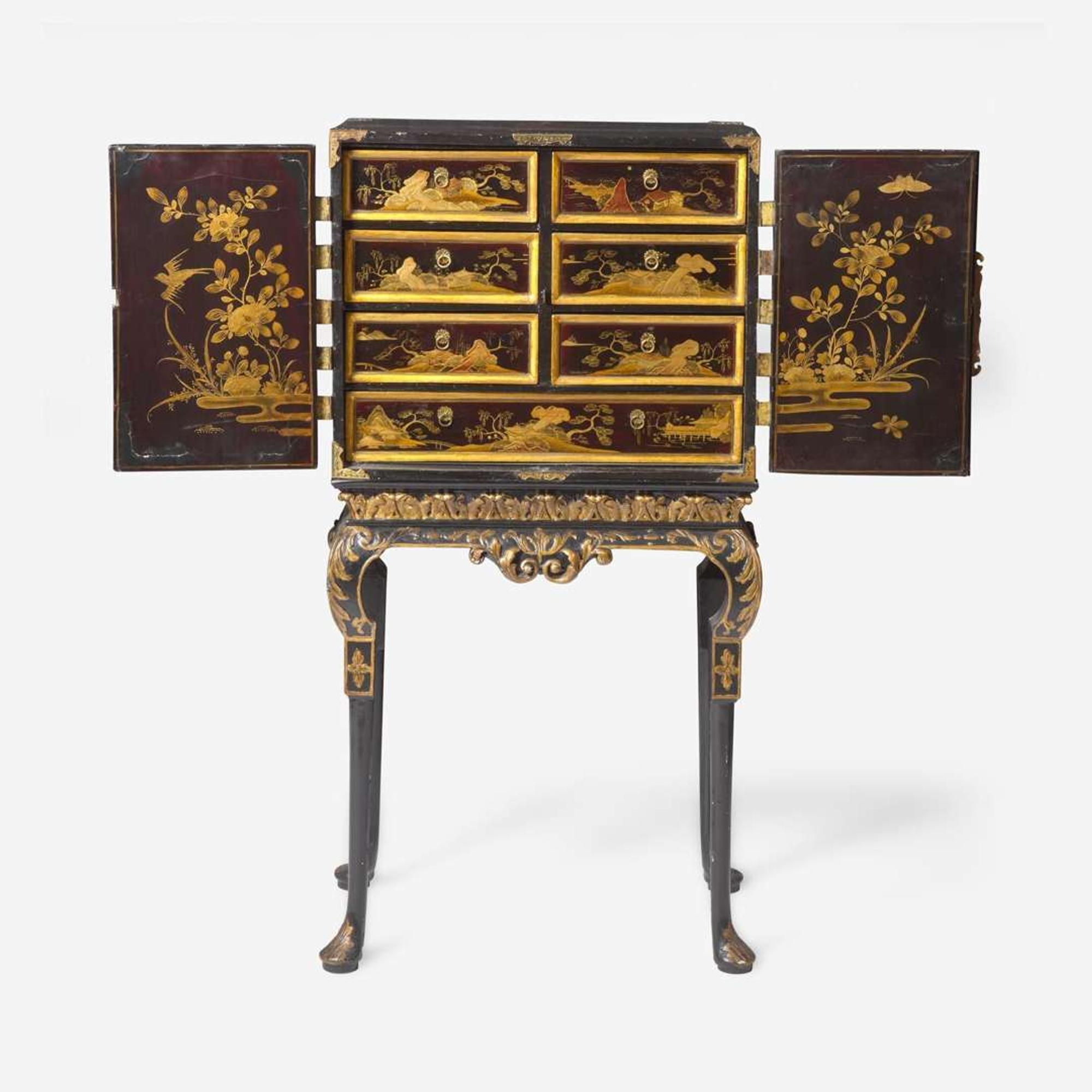 A Chinese Export gilt-decorated black lacquer table cabinet on a George I gilt-decorated and ebonized stand 18th century