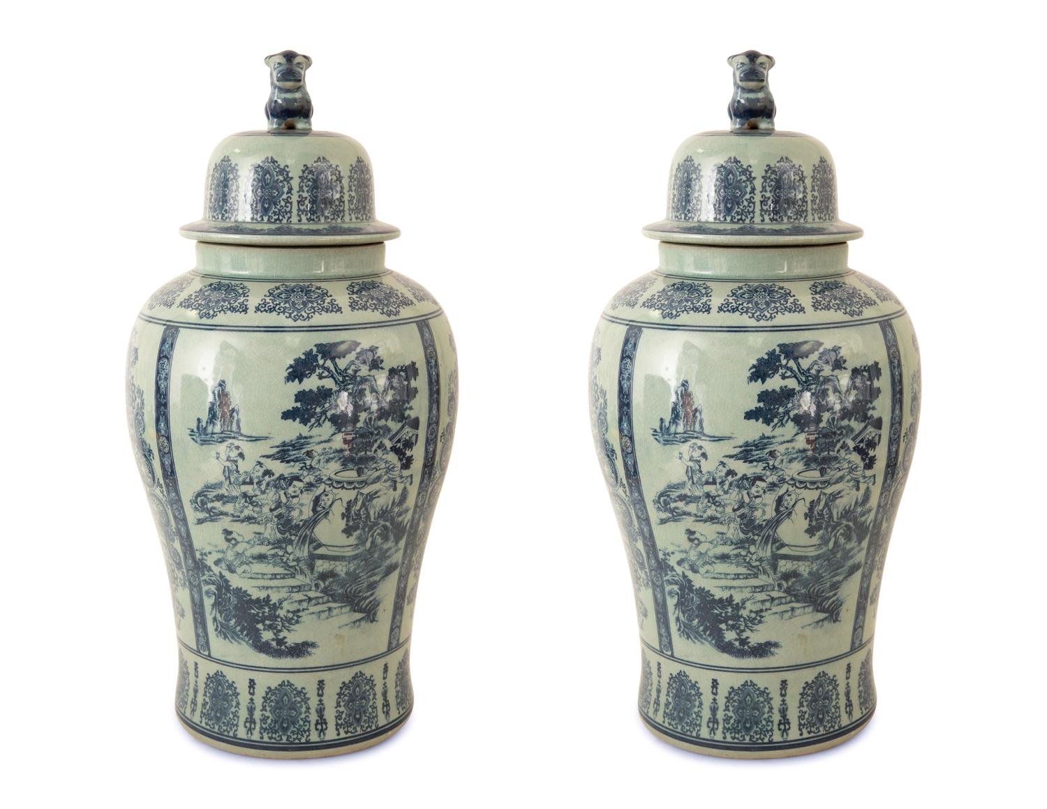 Pair of Chinese Blue and White Porcelain Vases and Covers
