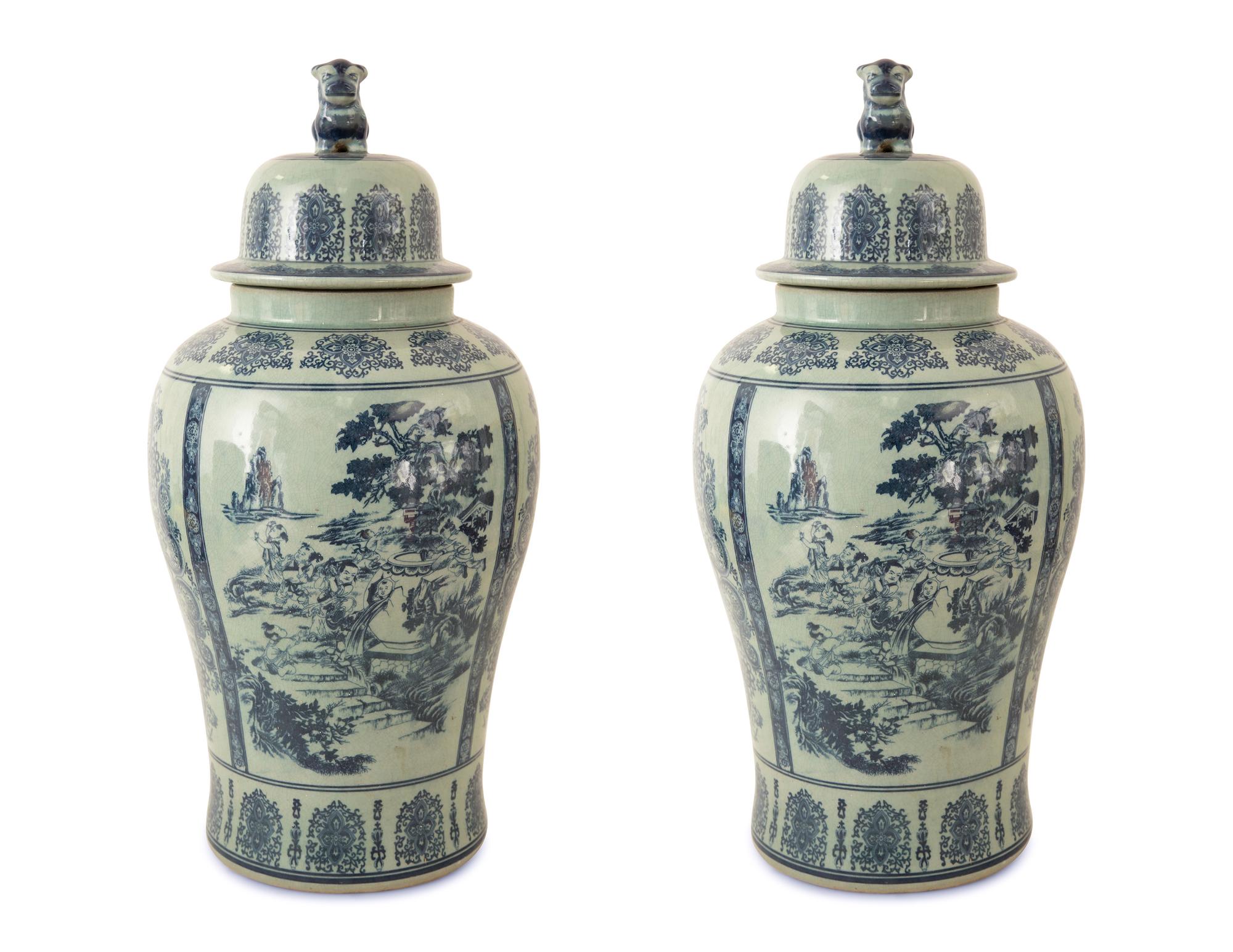 Pair of Chinese Blue and White Porcelain Vases and Covers