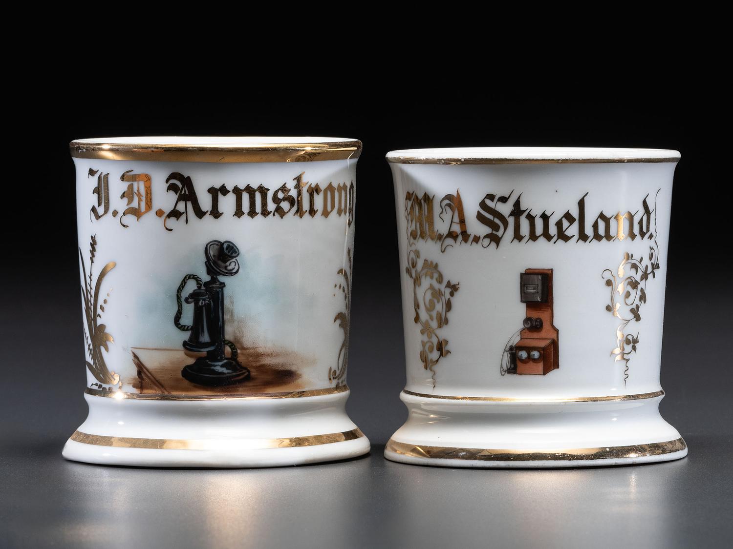 Two Telephone Operator or Salesmen's Porcelain Occupational Shaving Mugs