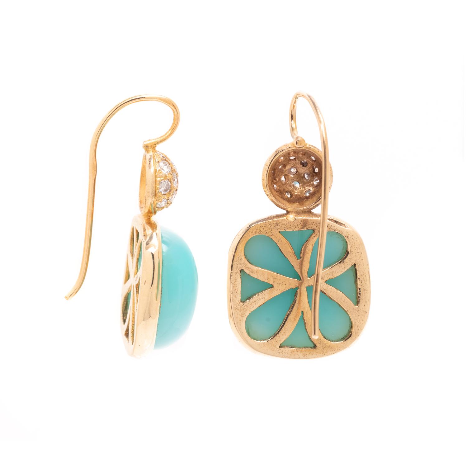 YELLOW GOLD, DYED BLUE QUARTZ AND DIAMOND EARRINGS
