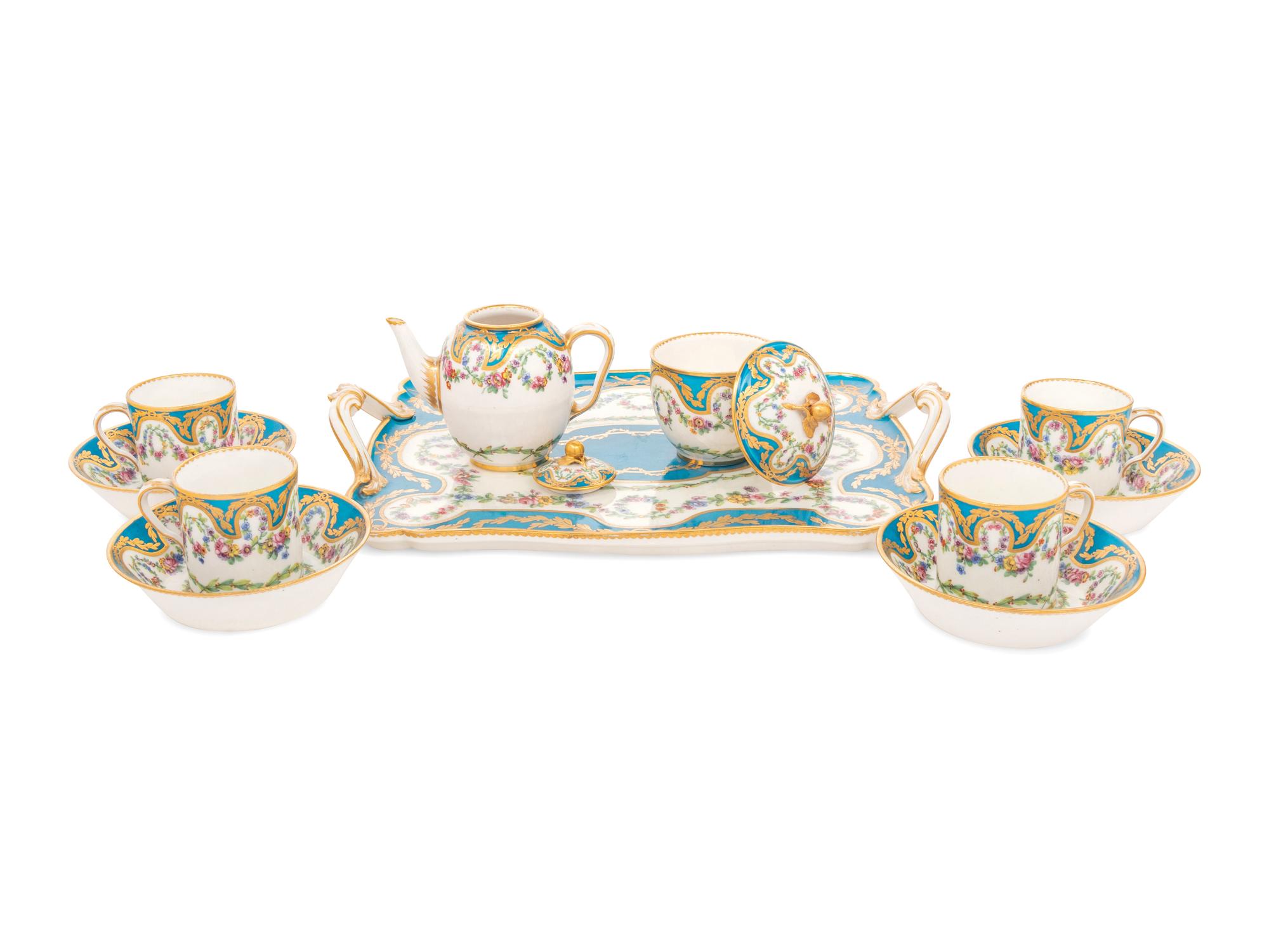 A Sèvres Bleu Céleste Porcelain Seven-Piece Tea Service ( Dejeuner 'Courteille' )
