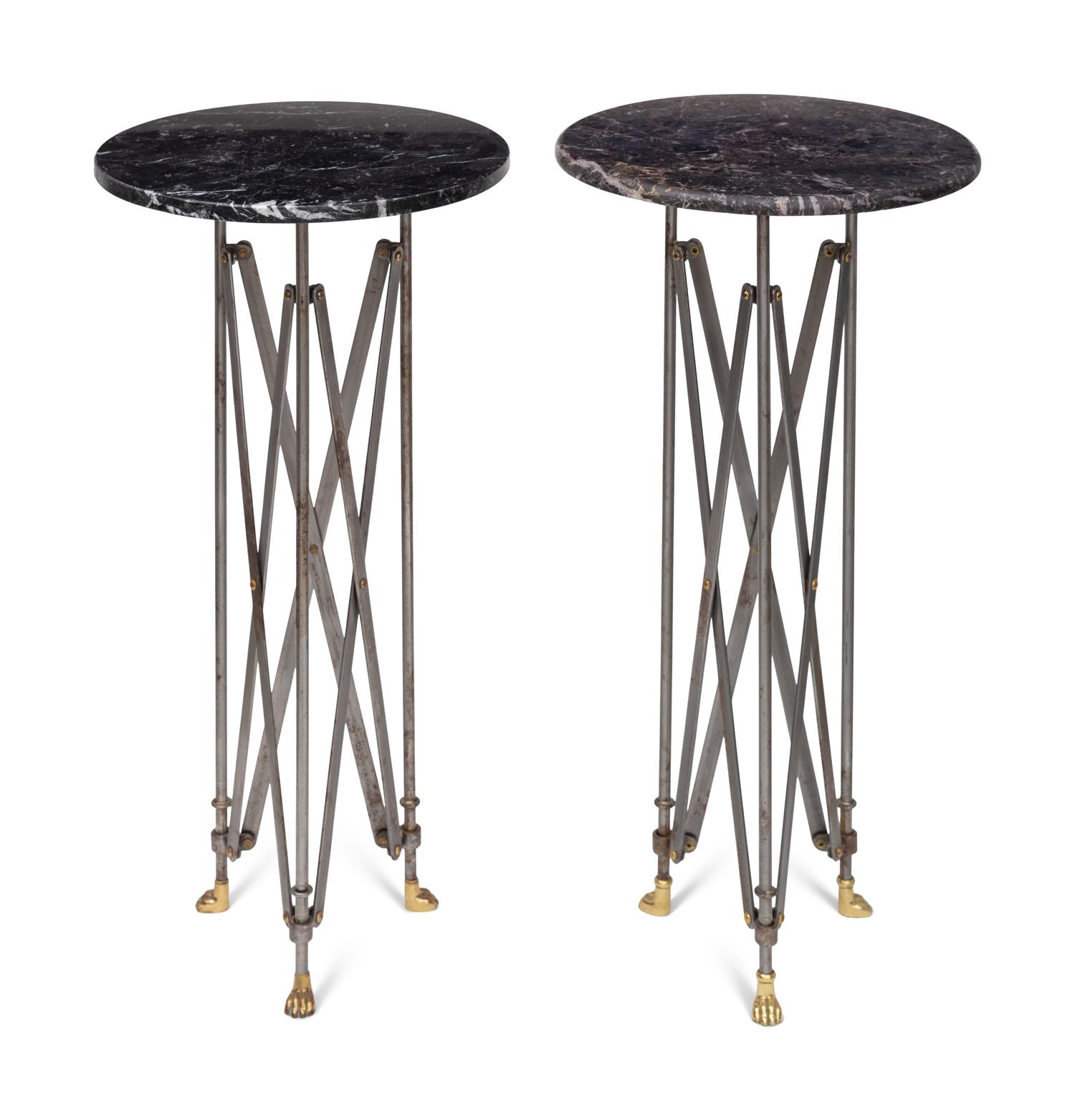 A Pair of Steel and Marble-Top Campaign Tables