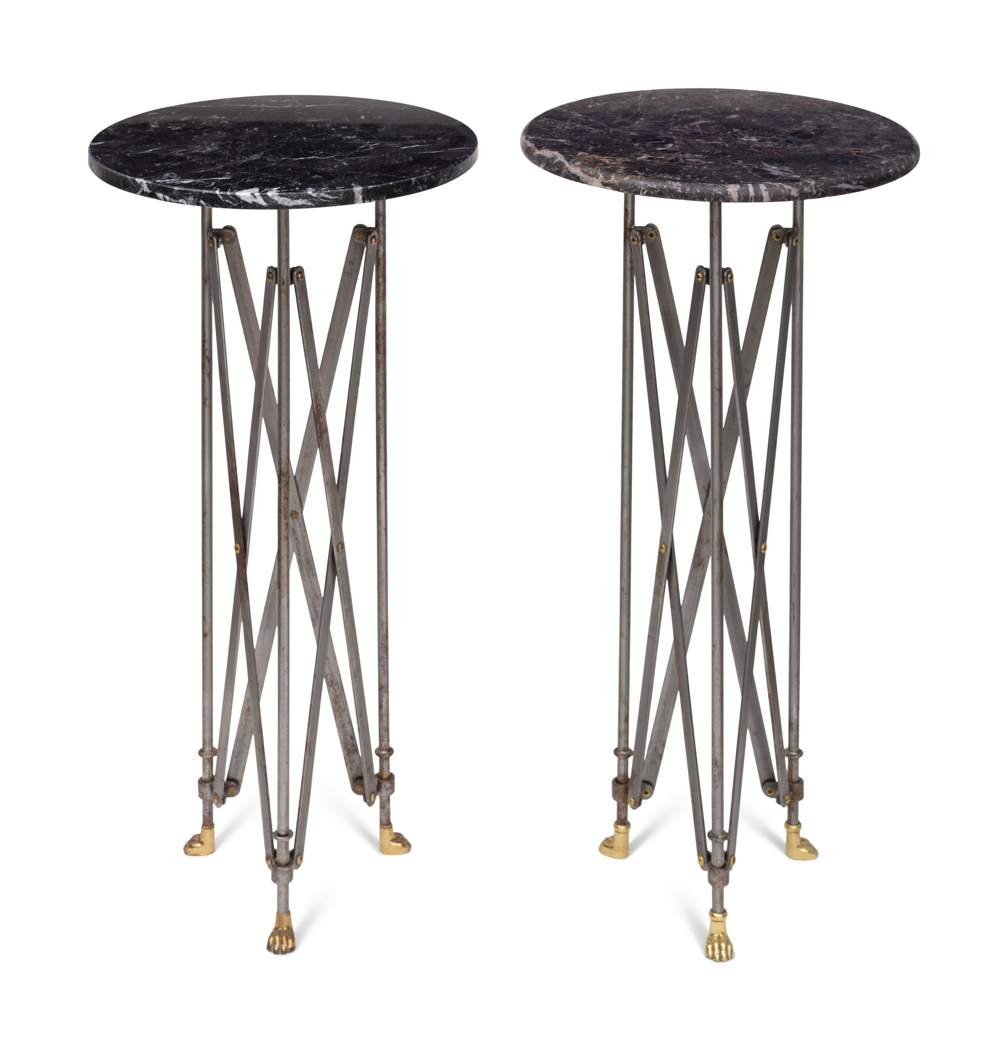 A Pair of Steel and Marble-Top Campaign Tables