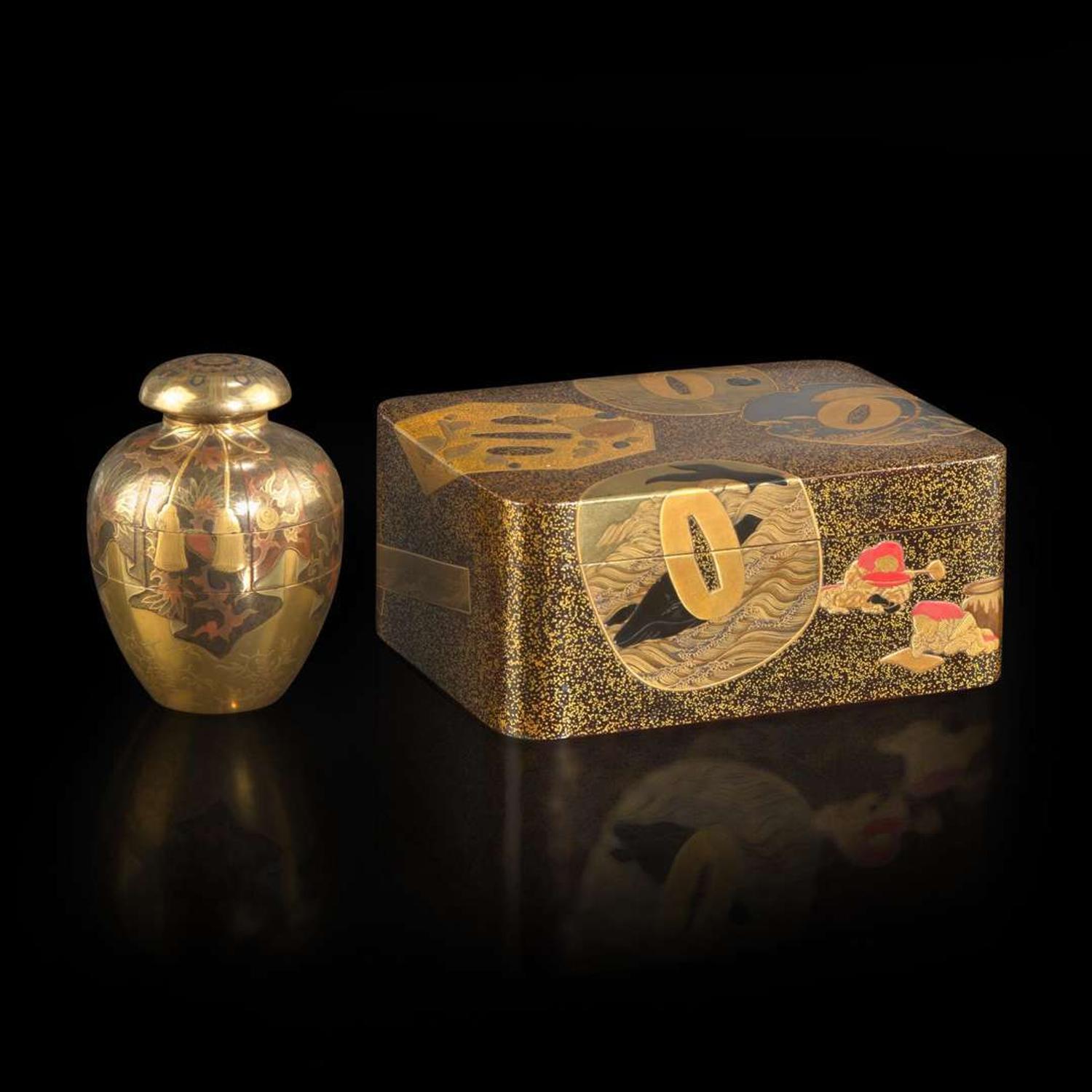 A small Japanese lacquer urn-form sectional box and a box decorated with tsuba 日本漆盒两件 Meiji to Taisho period ?????