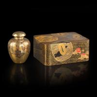A small Japanese lacquer urn-form sectional box and a box decorated with tsuba 日本漆盒两件 Meiji to Taisho period ?????