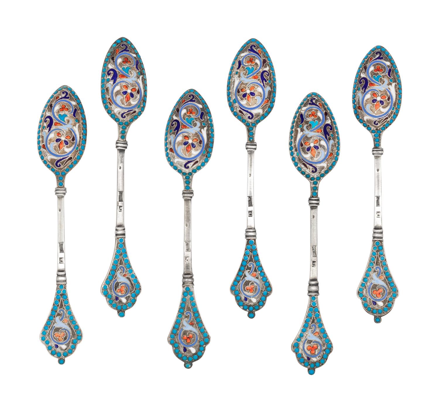 A Set of Six Russian Enameled Silver Coffee Spoons