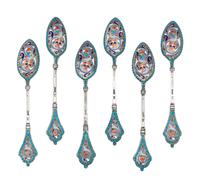 A Set of Six Russian Enameled Silver Coffee Spoons