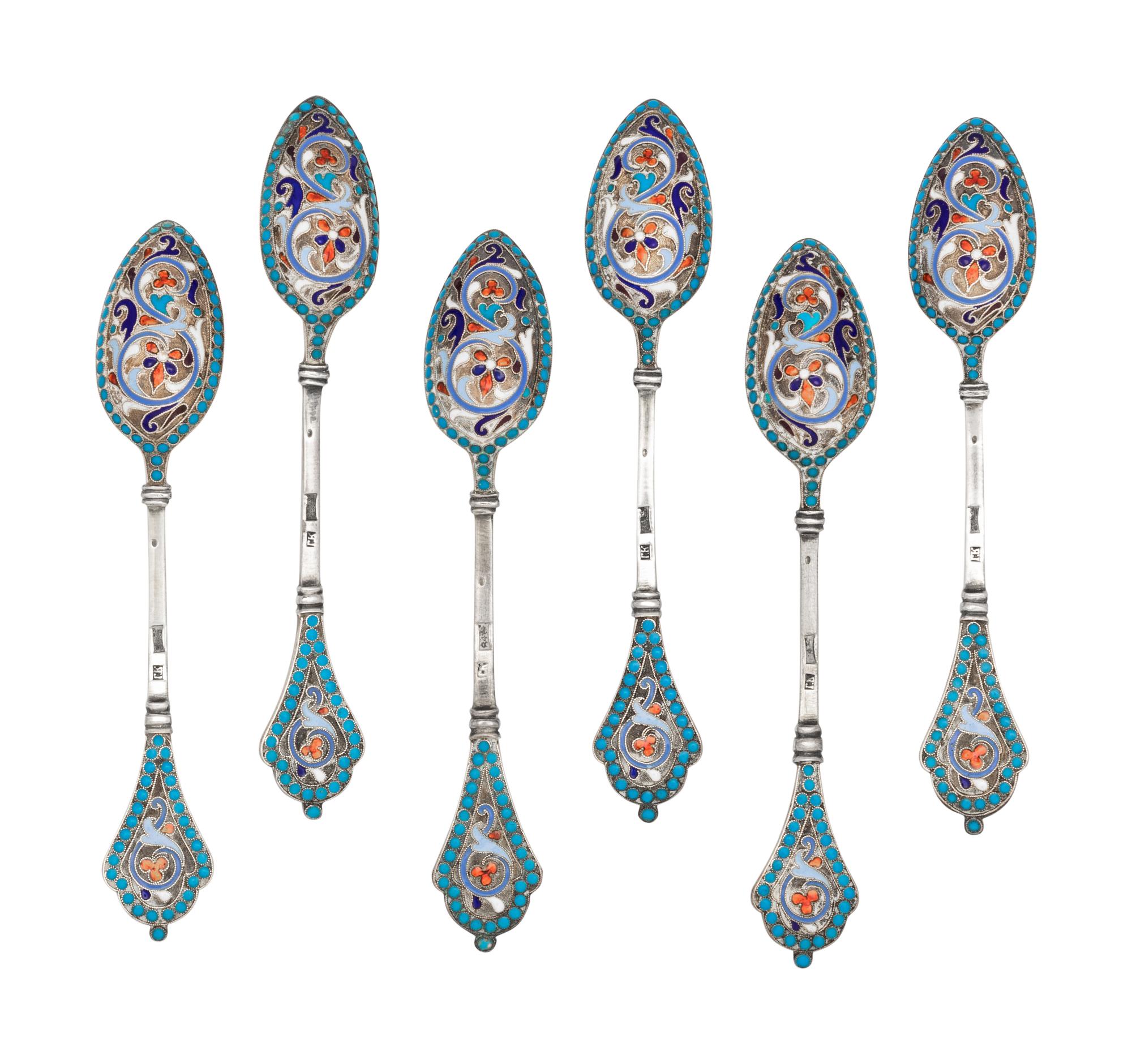 A Set of Six Russian Enameled Silver Coffee Spoons