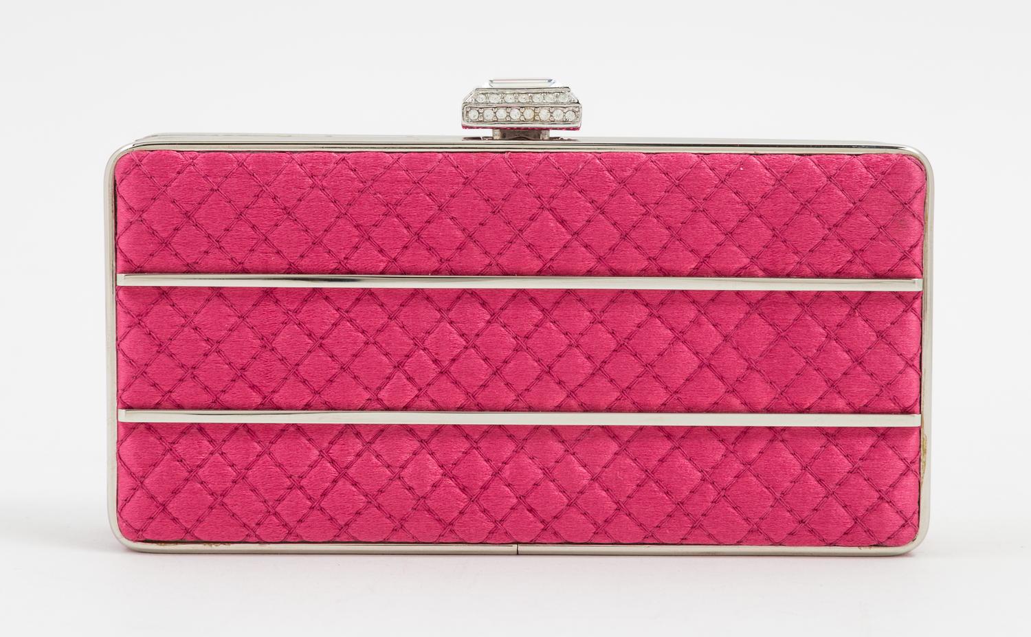 A Judith Leiber Pink Quilted and Rhinestone Rectangular Clutch, 5.5" x 2.75" x 1.5".