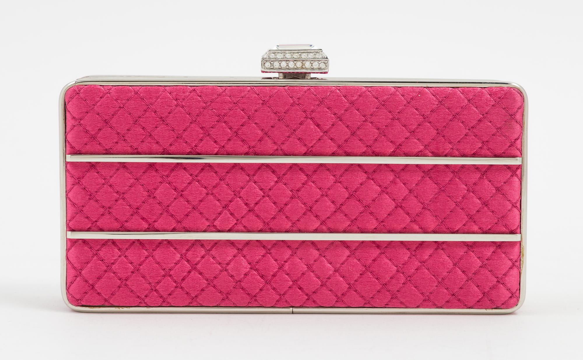 A Judith Leiber Pink Quilted and Rhinestone Rectangular Clutch, 5.5" x 2.75" x 1.5".