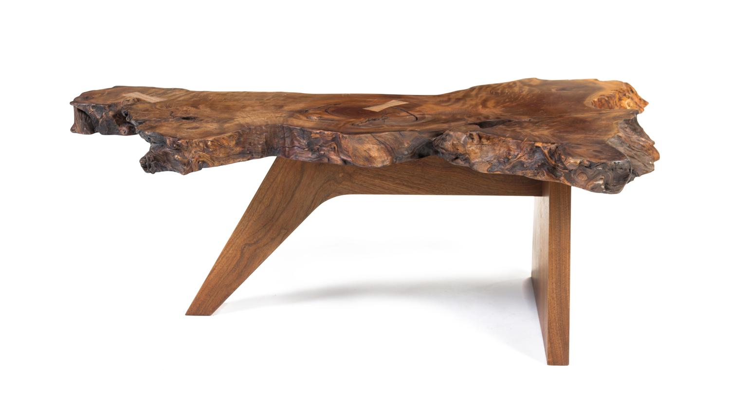 A Mira Nakashima Burlwood Coffee Table Height 16 x width 43 x depth 27 inches.