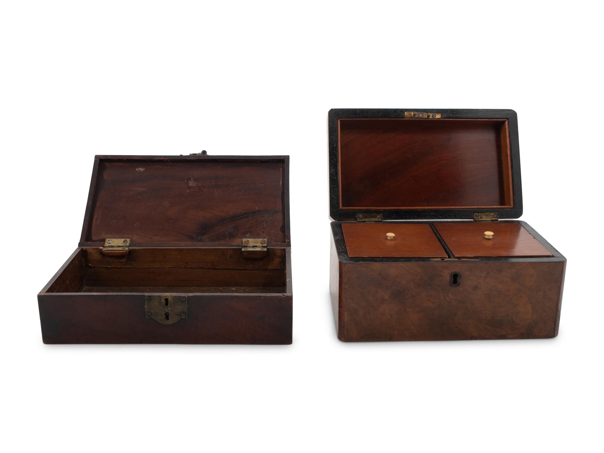 A Continental Burlwood Tea Caddy and a Mahogany Table Casket