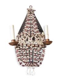 A Pair of Italian Gilt Metal Beaded Two-Light Sconces