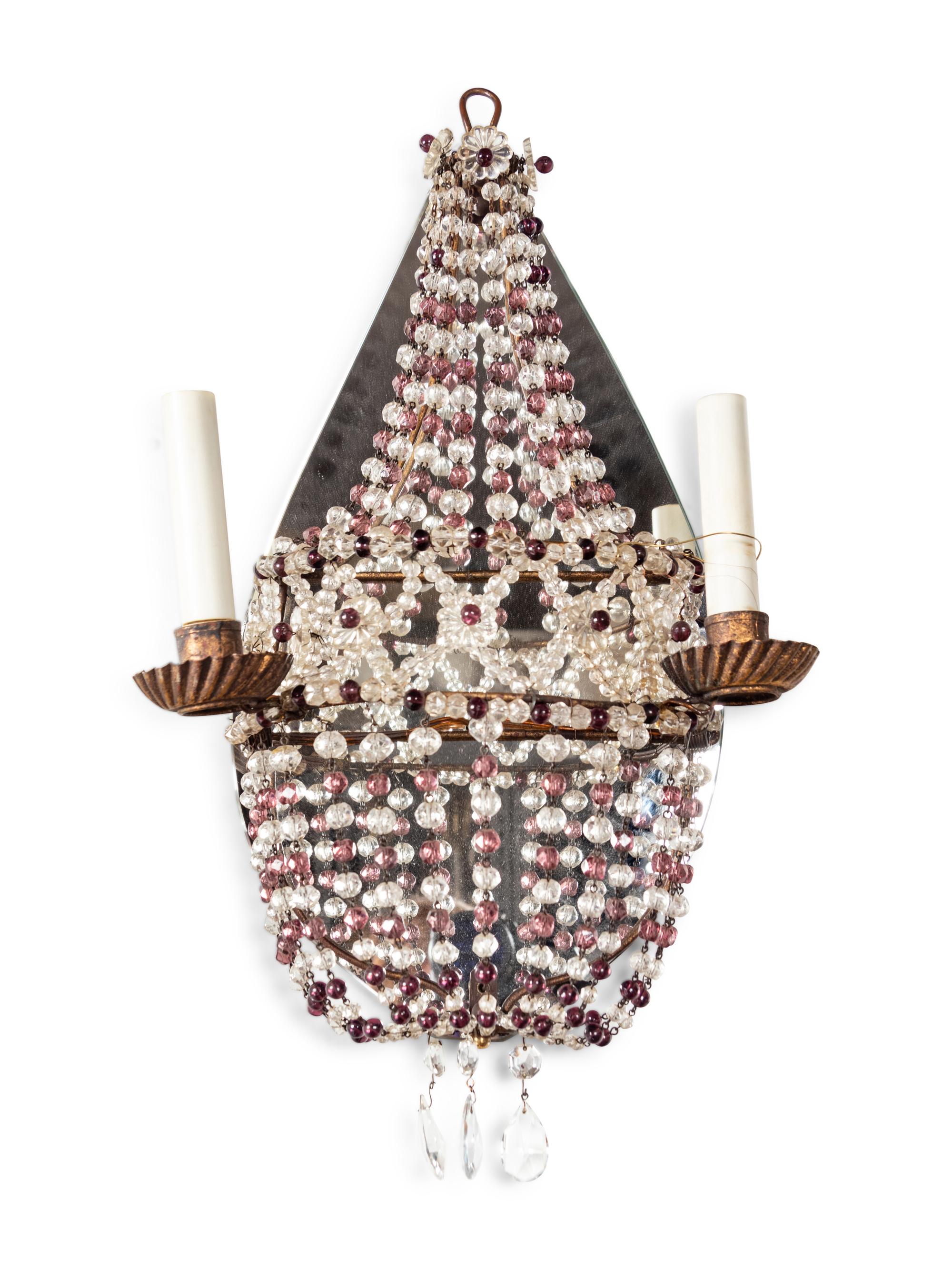 A Pair of Italian Gilt Metal Beaded Two-Light Sconces