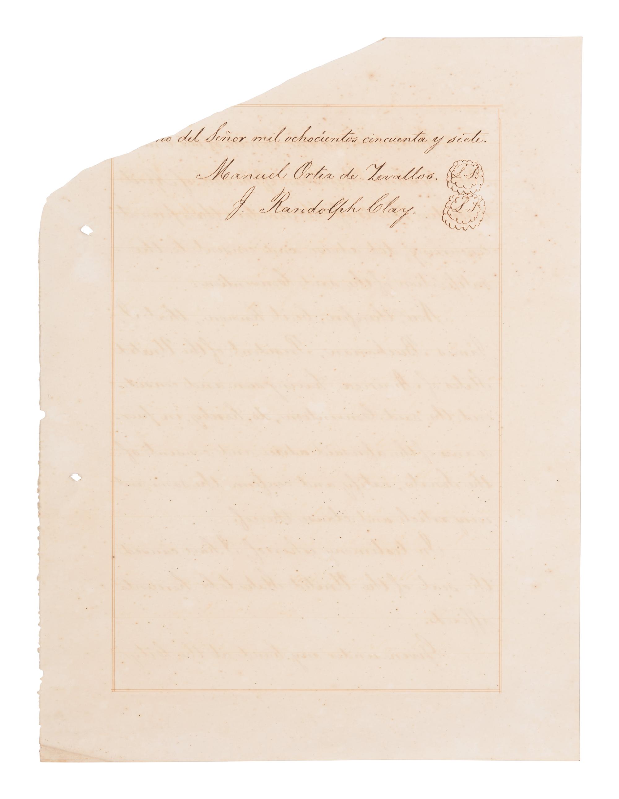 BUCHANAN, James (1791-1868). Manuscript document signed (“James Buchanan”) as President, countersigned by Secretary of State Lewis Cass. A contemporary bilingual copy of the ratification of interpretations to Article 12 of the original Treaty of the 26th of July 1851 between the United States and the Republic of Peru. 7 May 1858.