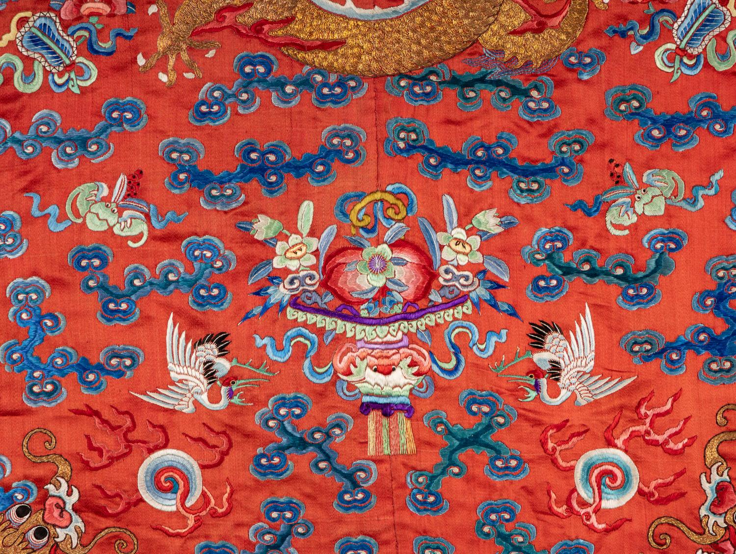 A Chinese Red Ground Embroidered Silk Dragon Robe, Late 19th-20th Century 晚清-民國 紅緞地龍袍