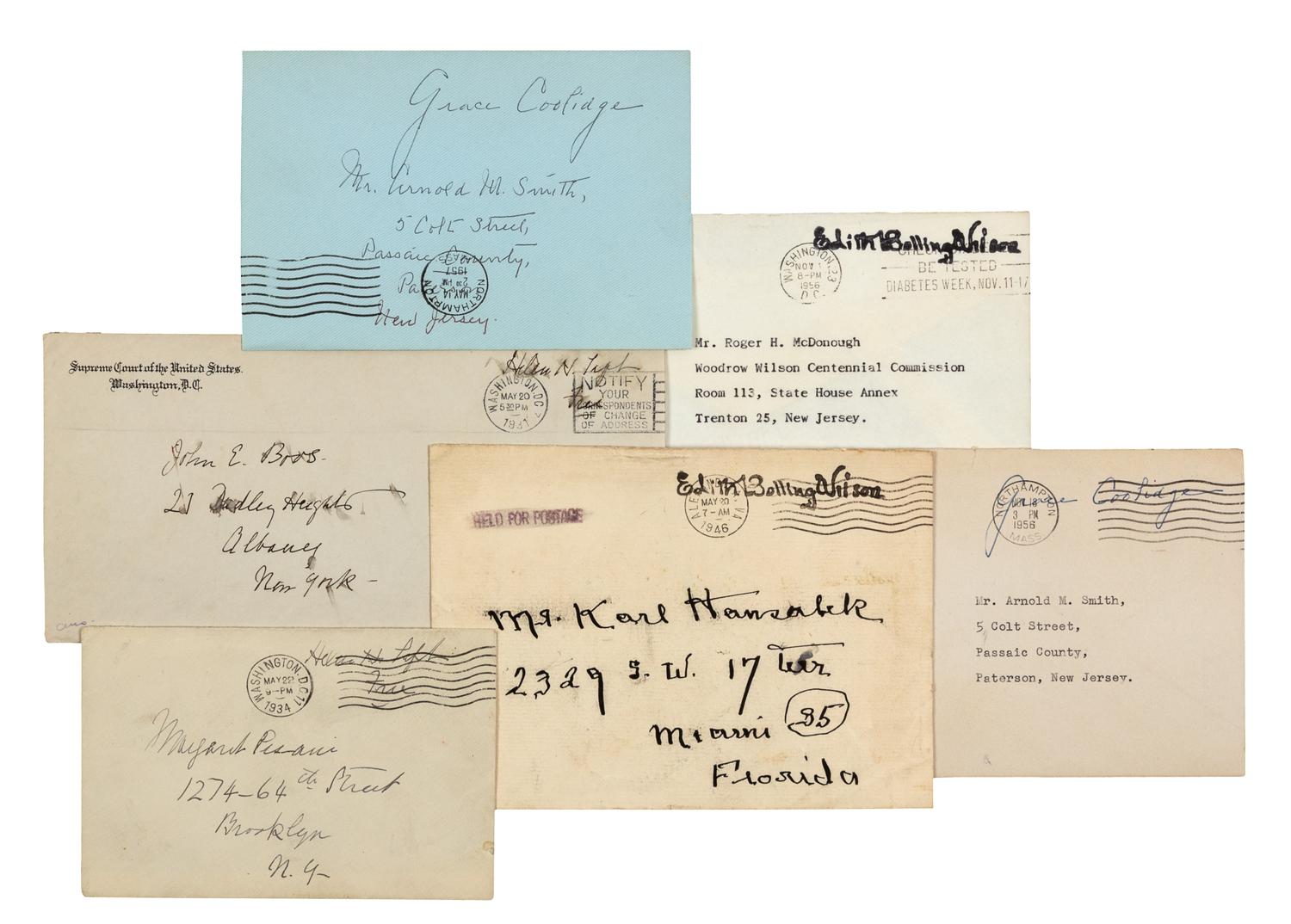 [FIRST LADIES]. A group of autograph free franks, autographs, and letters by Grace Coolidge (1879-1957), Florence Harding (1860-1924), Helen Taft (1861-1943), and Edith Wilson (1872-1961), comprising: