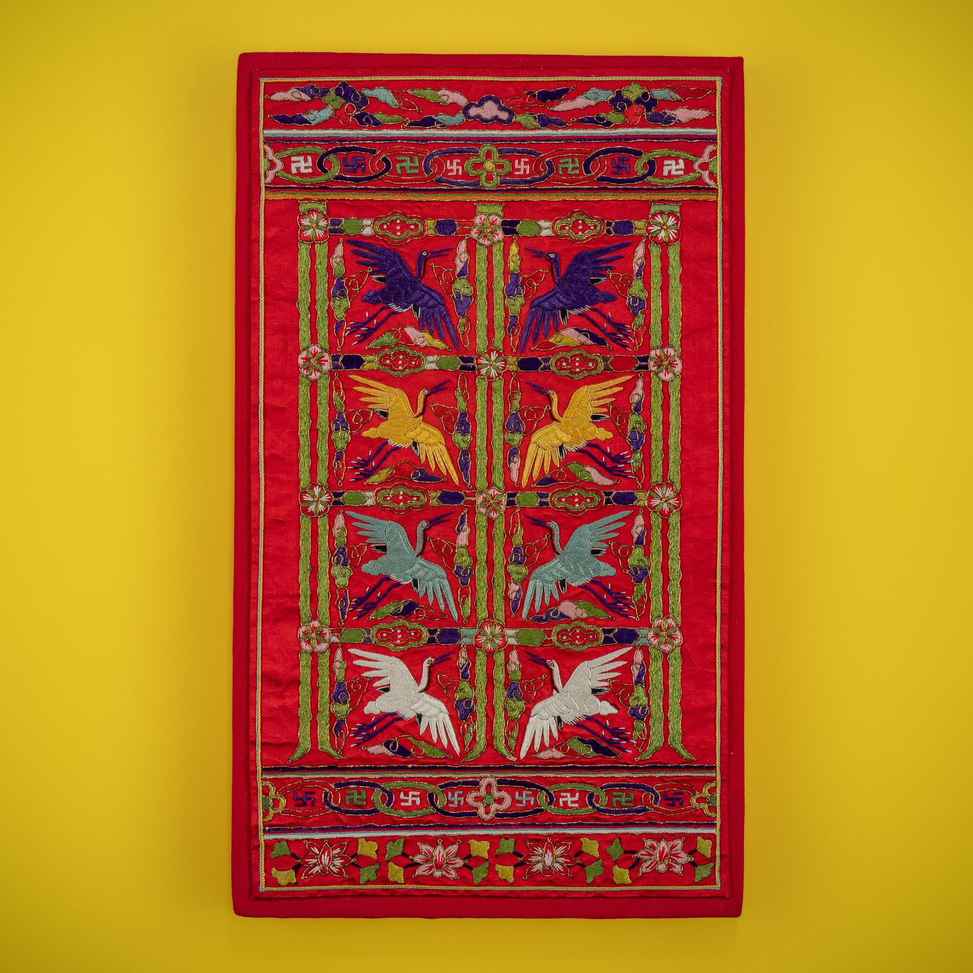 A Korean Embroidered Silk 'Crane' Civil-official Husu, Joseon Dynasty, 19th Century — 朝鮮王朝 紅地綉鶴紋文官後綬
