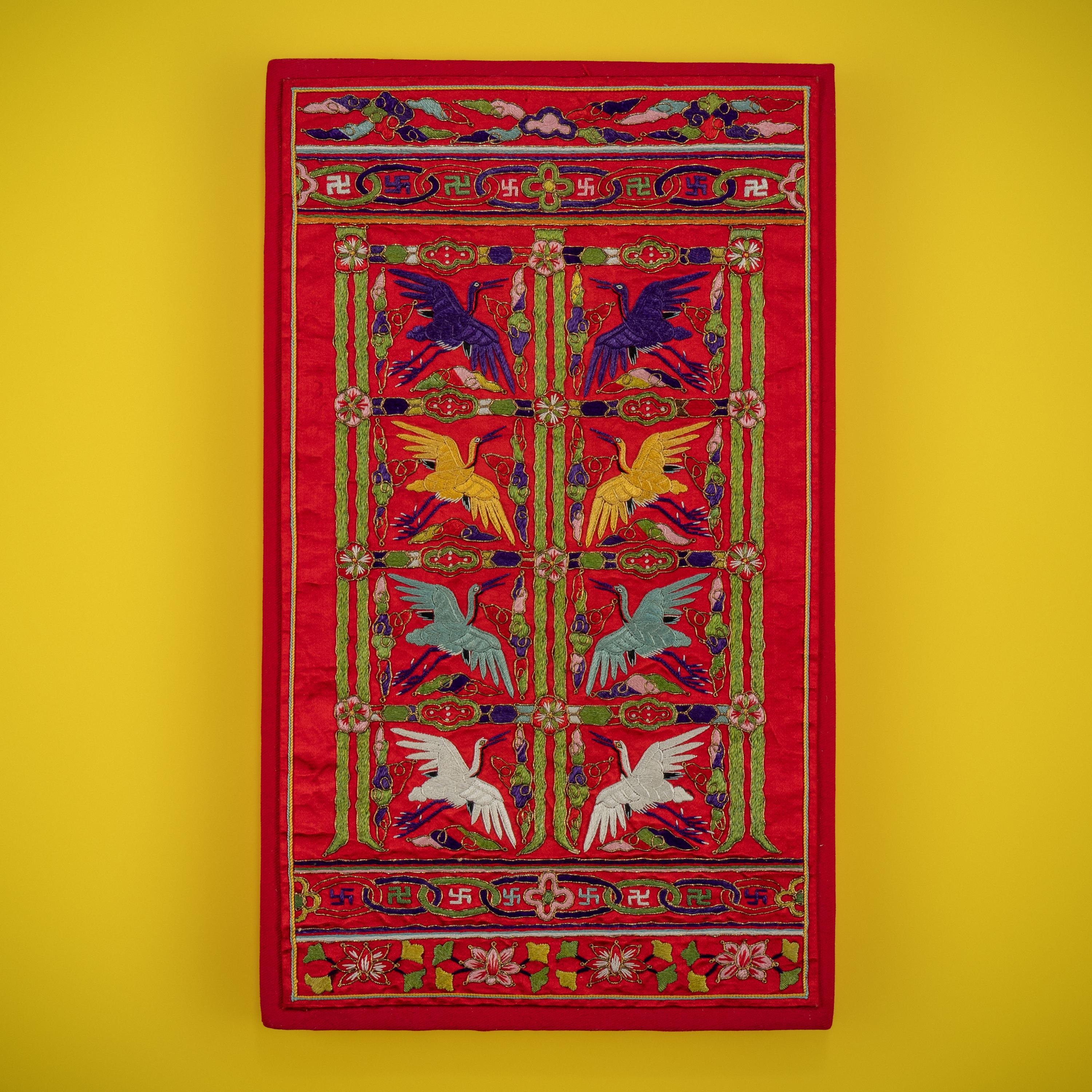 A Korean Embroidered Silk 'Crane' Civil-official Husu, Joseon Dynasty, 19th Century — 朝鮮王朝 紅地綉鶴紋文官後綬