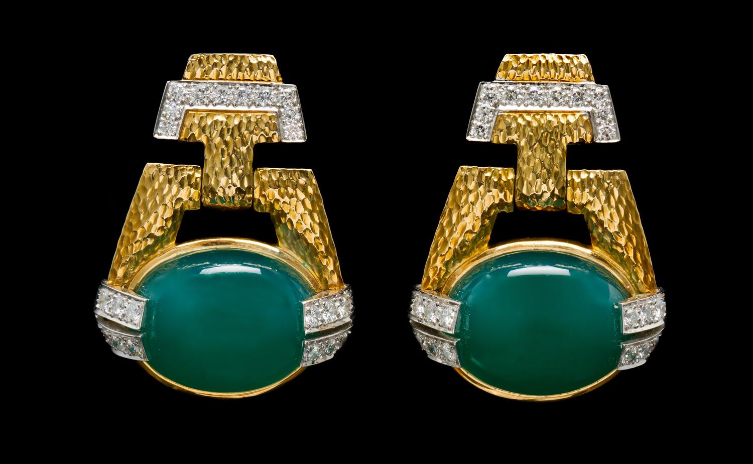 A Pair of 18 Karat Yellow Gold, Platinum, Diamond and Dyed Chalcedony Earclips, David Webb, 32.70 dwts.