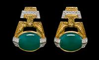 A Pair of 18 Karat Yellow Gold, Platinum, Diamond and Dyed Chalcedony Earclips, David Webb, 32.70 dwts.