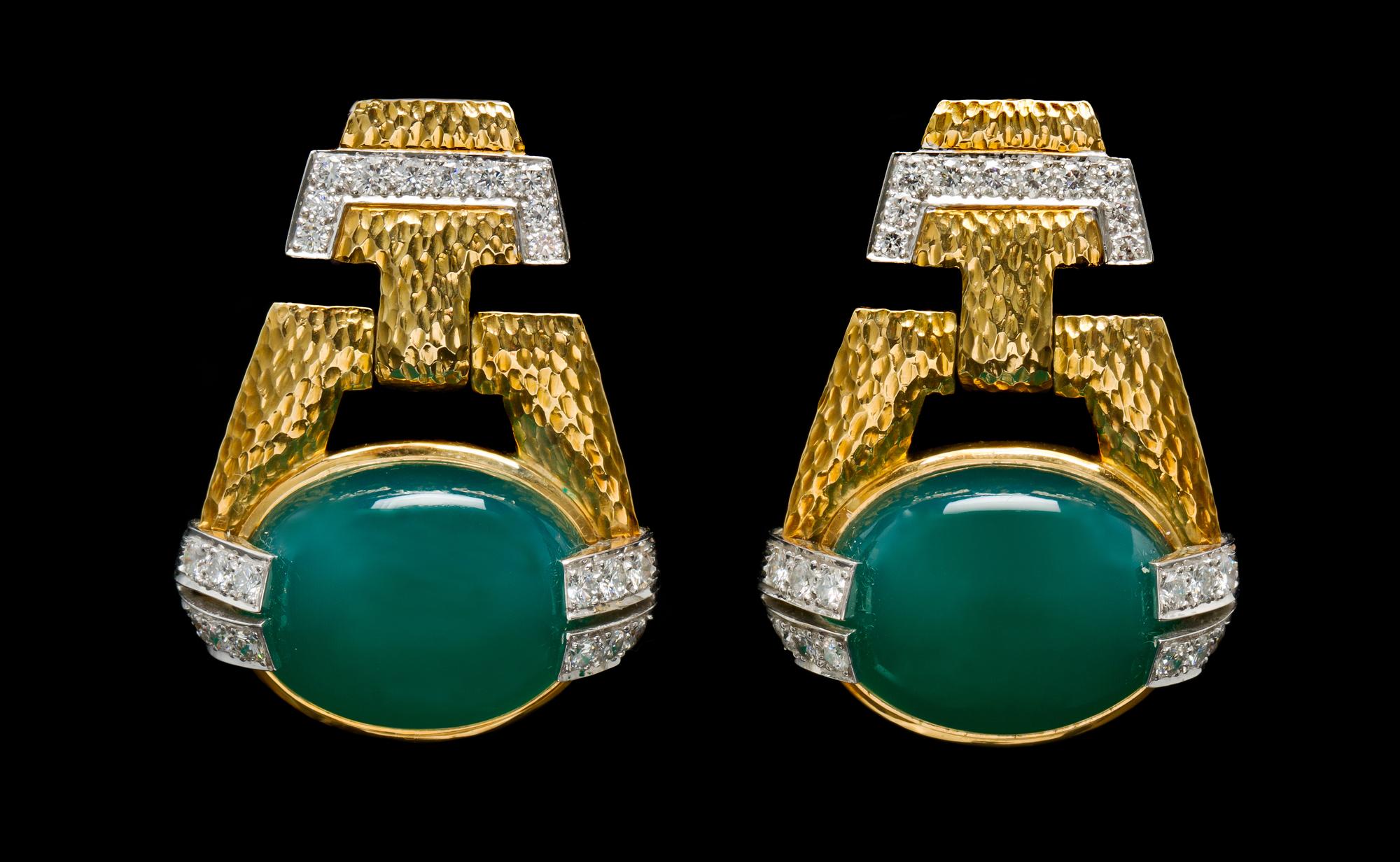 A Pair of 18 Karat Yellow Gold, Platinum, Diamond and Dyed Chalcedony Earclips, David Webb, 32.70 dwts.