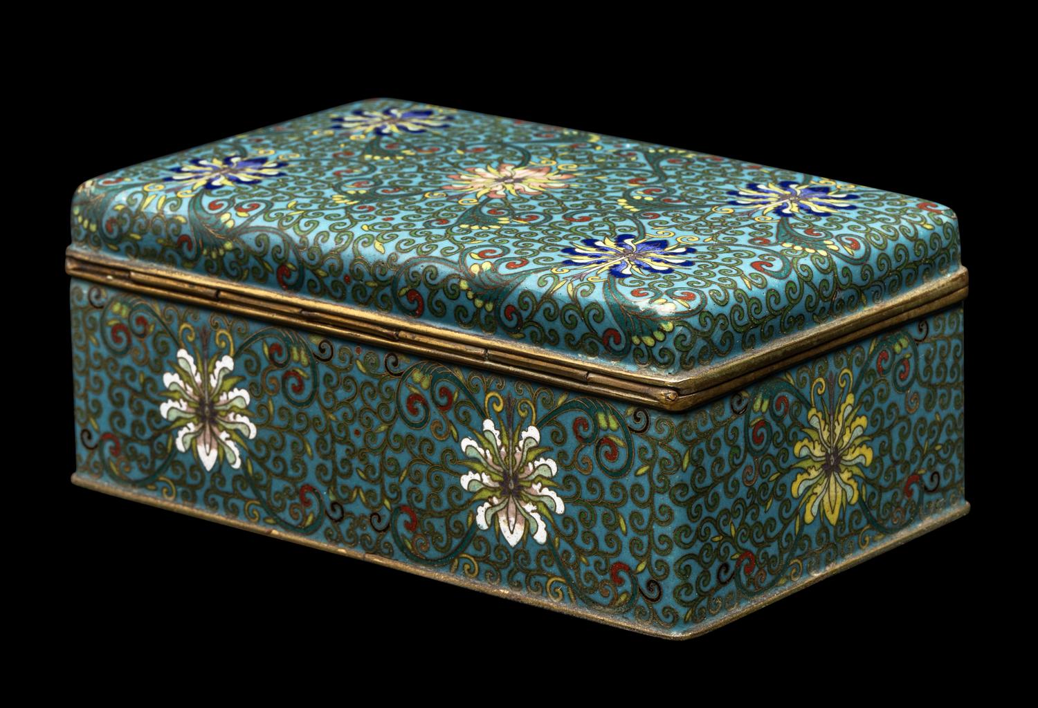 A Chinese Hongmu Lined Cloisonné Enamel Rectangular Covered Box, Late Qing/Republic Period 晚清/民國 ‘老天利製’黃花梨包鑲西番蓮紋掐絲琺琅拜匣