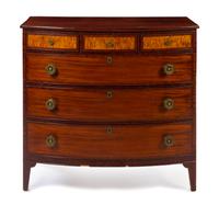 An American Mahogany and Tiger Maple Chest of Drawers Height 39 1/4 x width 41 3/4 x depth 21 7/8 inches. — 19TH CENTURY