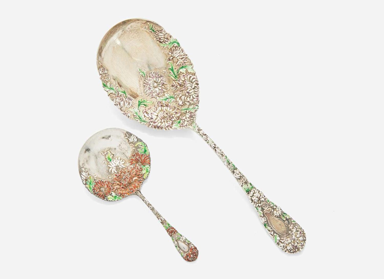 An assembled group of nine sterling silver floral repousse serving utensils, various makers, including Bailey Banks & Biddle Co. and J.E. Caldwell & Co., Philadelphia, PA, and The James R. Armiger Co., Baltimore, MD, and others, late 19th / early 20th century