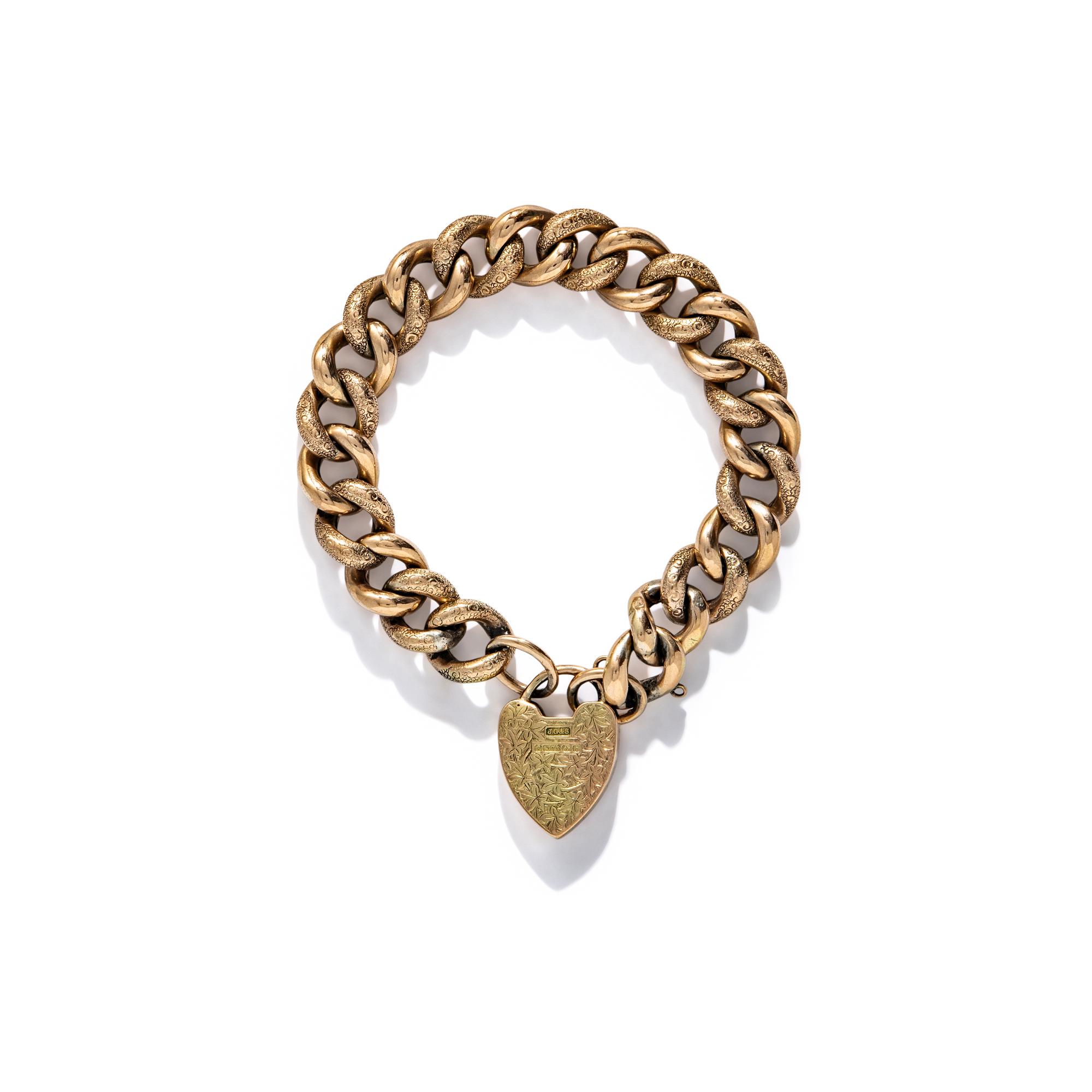VICTORIAN, LOW-KARAT ROSE GOLD CHAIN BRACELET WITH HEART LOCK CHARM